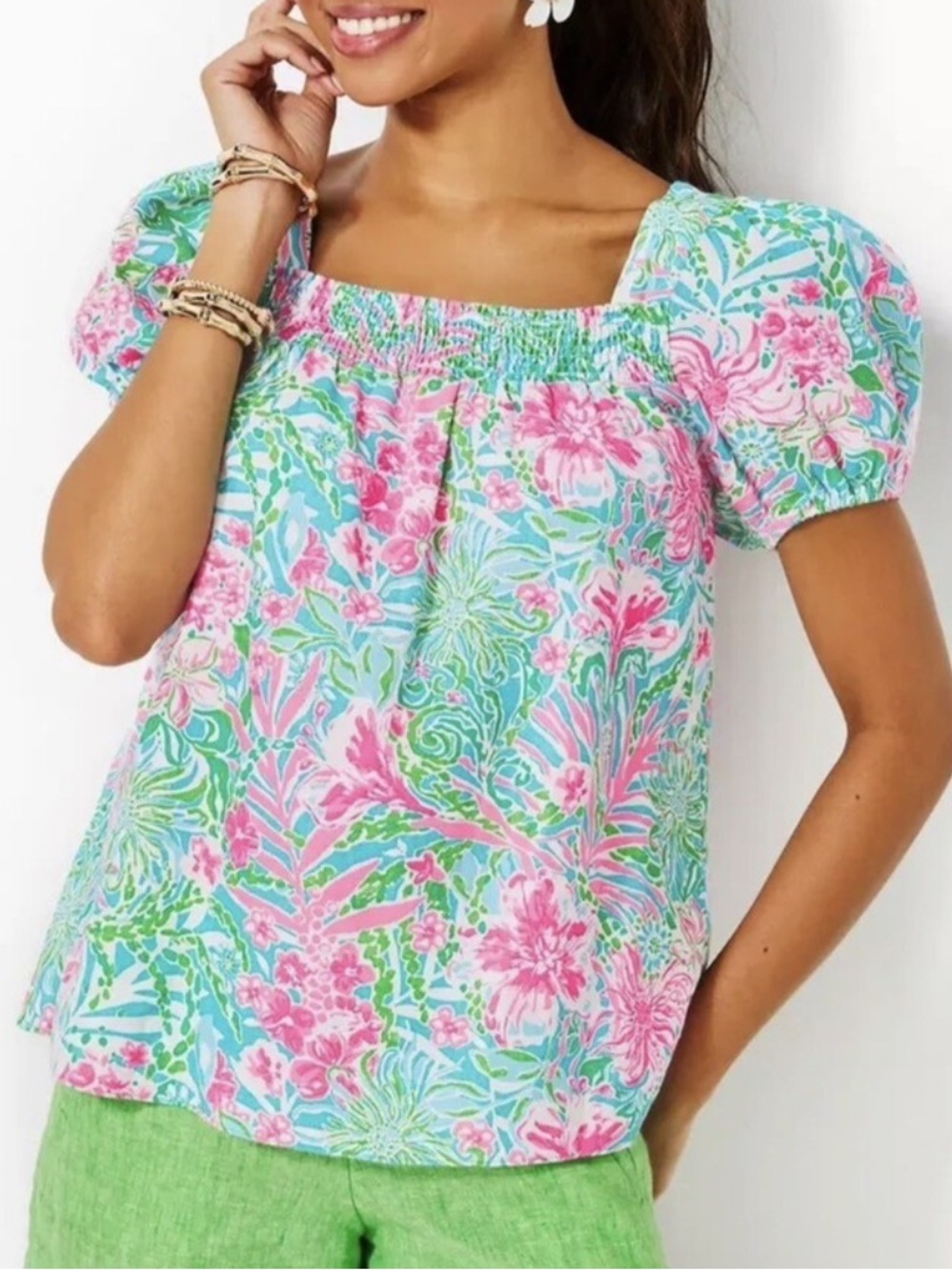 NWT Lilly Pulitzer Keating Puff Sleeve Linen Top Amalfi Blue Leaf It Wild Sz 10